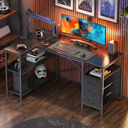 Alpen Computer Desk with Drawers, L Shaped Desk for Bedroom with Power Outlets, Gaming Table with Storage Shelves, Corner Desk for Gaming, Study Writing PC Table, 47.2 Inch, Black