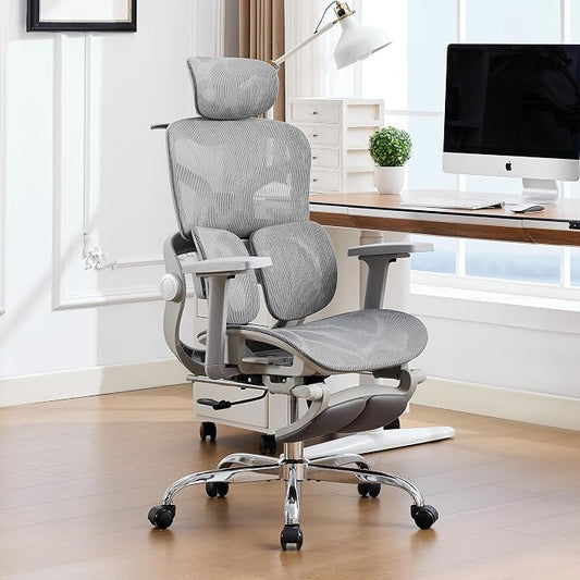 Ergonomic MeshOffice Chair with 2-Zone Lumbar Support and Footrest,Grey | Big and Tall, 400LBS, Adjustable Seat Depth, 4D Headrest, 4D Armrests Swivel Executive Chair for Home Office