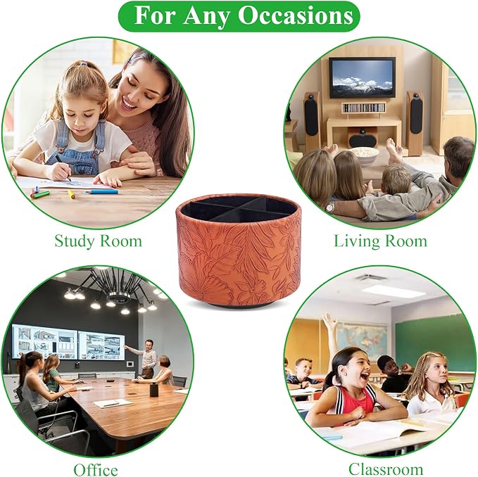 Round Leather Art Supply Organizer,Remote Control Holder,360 Degree Spinning,Multi-Functional Pencil Holder,4 Compartments Desktop Stationary Organizer(1-Carved Brown)