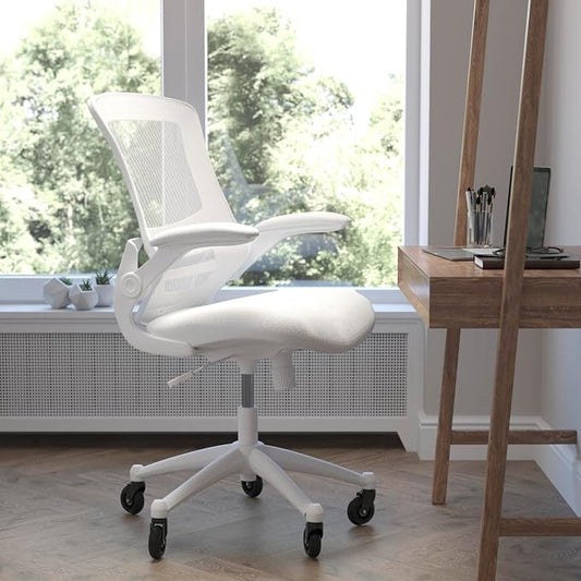 Flash Furniture Kelista Mid-Back White Mesh Swivel Ergonomic Task Office Chair with White Frame, Flip-Up Arms, and Transparent Roller Wheels