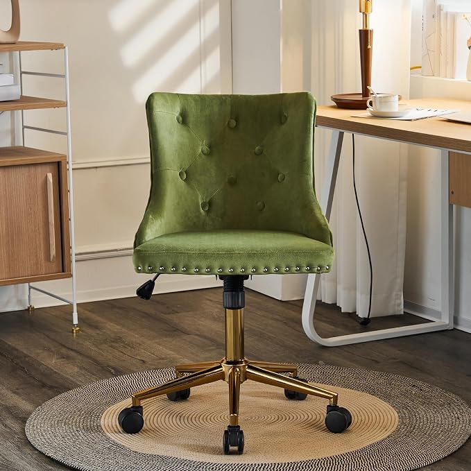 VINGLI Olive Green Velvet Armless Office Desk Chair with Gold Base/Wheels, Small Cute Vanity/Makeup Chair with Back for Bedroom, Upholstered Adjustable Rolling Swivel Nail Chair for Women/Girls