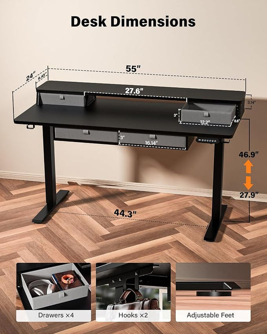 FiCiHi Electric Standing Desk with Four Drawers, 55 x 24 Inch Adjustable Height Sit Stand Desk, C-Clamp Compatible Home Office Desk with Storage Shelf & Monitor Stand Riser, Classical Black