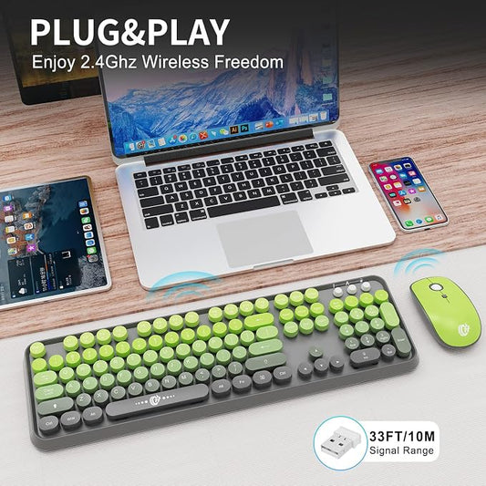Wireless Keyboard and Mouse Combo, 104 Round Keys Cute Colorful Keyboard and Mouse with Retro Typewriter for PC Mac Laptop Tablet Computer Windows Gray Green