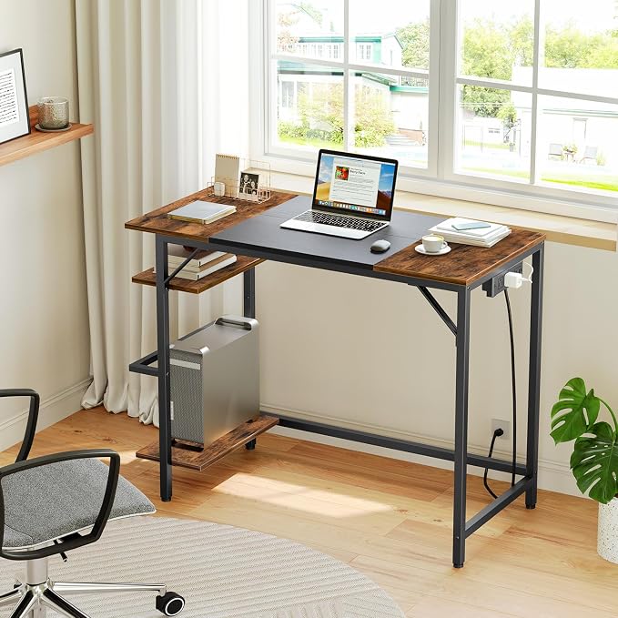 HOOBRO Small Computer Desk, Home Office Desk with Power Outlet, Writing Desk with 2 Shelves, Modern Small Desk for Home Office, Study, Easy to Assemble, Rustic Brown and Black BF43UDN01