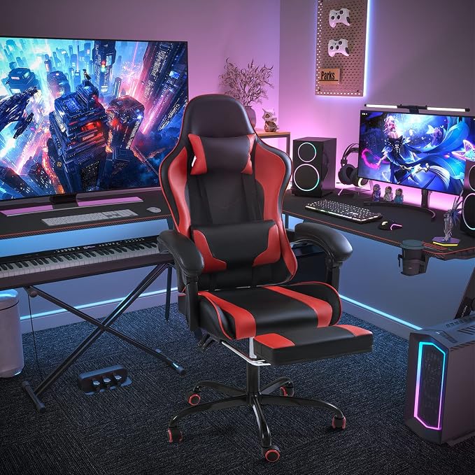 Shahoo Gaming Chair with Footrest and Massage Lumbar Support, Ergonomic Computer Chairs 360°Swivel and Height Adjustable Seat with Headrest for Office or Bedroom, Study Room, Red