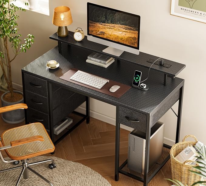 Huuger 47 inch Computer Desk with 4 Drawers, Gaming Desk with LED Lights & Power Outlets, Home Office Desk with Large Storage Space for Bedroom, Work from Home, Carbon Fibre Black