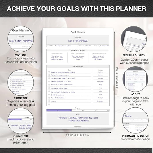 Goal Planner Deskpad | Goal Setting Notepad with Action Plan, Progress Tracker, Deadlines & Notes, 50 Sheets, 120gsm Paper, Undated Productivity Planner for Work, Study, Business & Personal Goals | A5