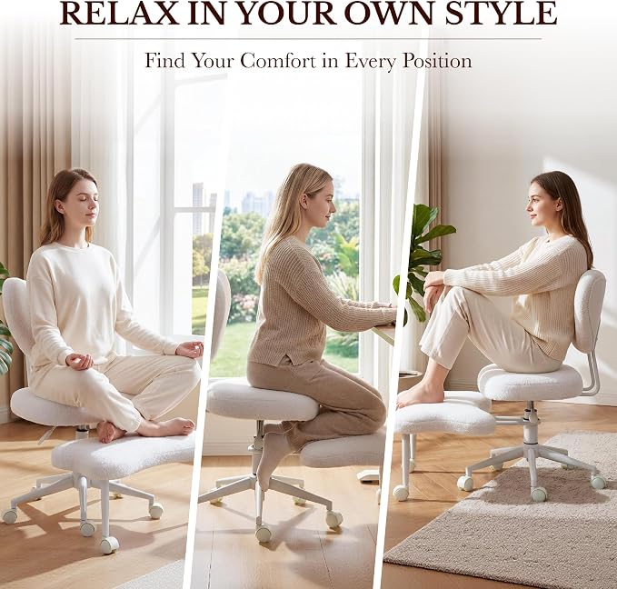 Cross Legged Office Chair with Wheels, 360 Swivel Height-Adjustable Meditation Chair with Lumbar Support, White