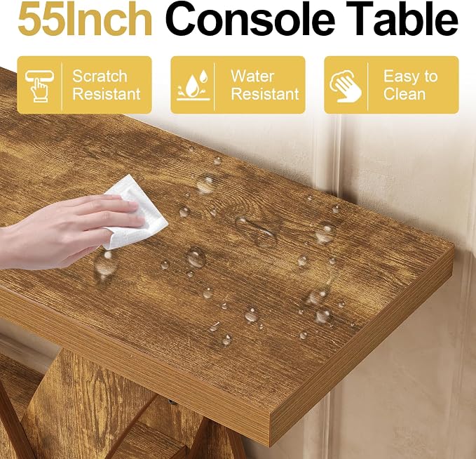 55 inch Sofa Table Behind Couch, 3-Tier Narrow Entryway Table with Storage, Wood Grain X-Shaped Console Tables for Living Room, Hallway, Foyer, Home Office