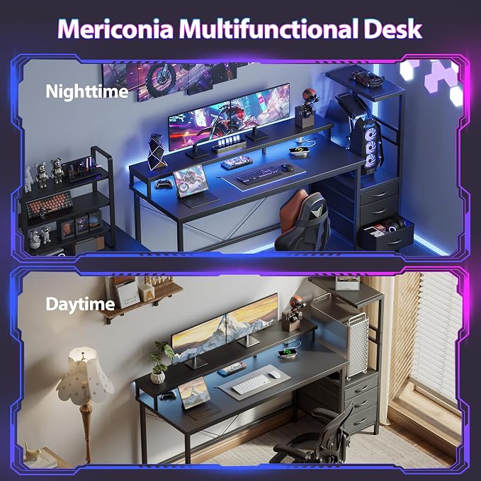Mericonia 52 inch Gaming Desk with LED Lights & Power Outlets, Reversible Computer Desk with Storage Drawers & Monitor Stand, Large Gaming Table for Home Office