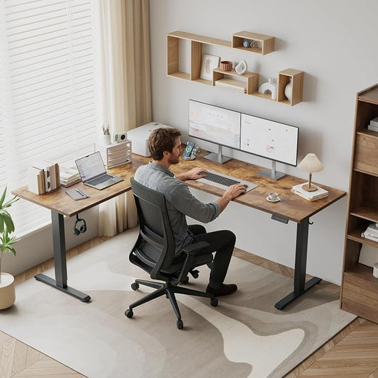 Klicelor L Shaped Standing Desk 63 x 55.1 Inch Dual Motors, Electric Height Adjustable Corner Desk for Home Office Workstation, Ergonomic Sit Stand Computer Table with Memory Controller, Rustic Brown