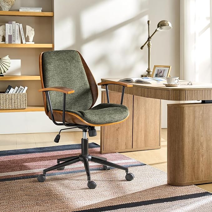 Modern Ergonomic Office Chair with Wood Frame & Metal Base, Swivel Home Office Desk Chairs with Adjustable Height, Comfy Upholstered Computer Chair, Green