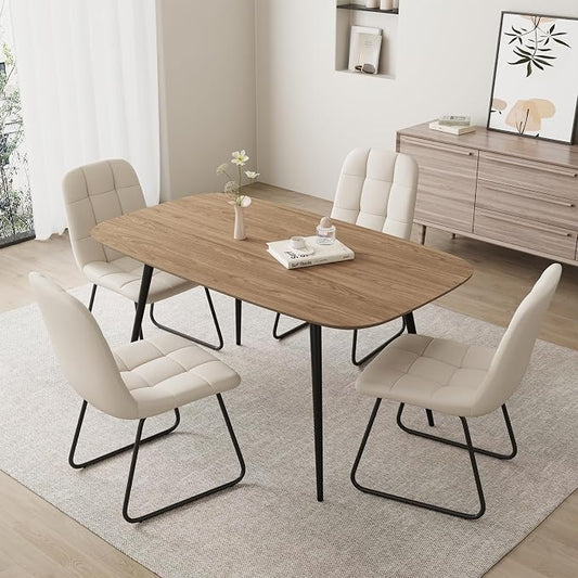 HIPIHOM 47.2'' Dining Table Set for 4,Modern Wood Dining Table,Leather Dining Chairs 4,Table and Chairs Set of 4,Ideal for Kitchen Dining Room (Walnut Color Table + 4 U-Shaped White Chairs, 47.2")