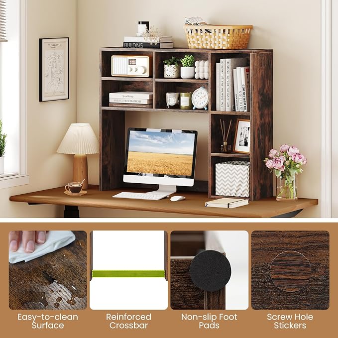 GOFLAME 7 Cubes Desktop Bookshelf, 37” Desk Organizer Shelf with 3 Adjustable Shelves, 3-Tier Wood Countertop Display Rack, Multipurpose Tabletop Desk Hutch for Dorm, Home Office, Rustic Brown