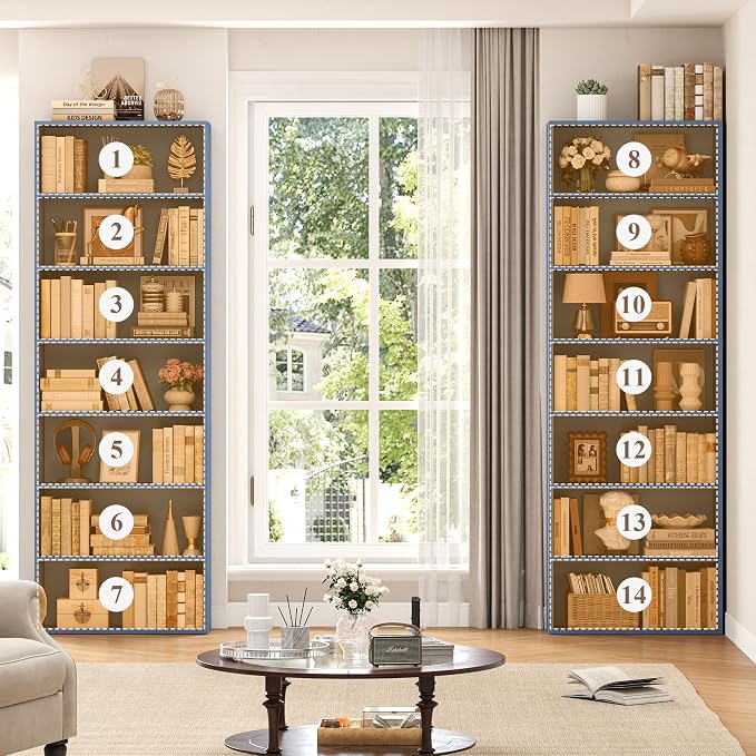 FACBOTALL 82" Tall Bookshelf Set of 2, 7-Tier Double Open Shelves Bookcase,Freestanding Display Storage Shelves, Tall Bookcase Home Decor Furniture for Home Office,Living Room,Bedroom, Blue