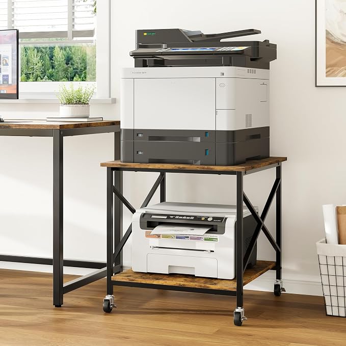 Warmiehomy 24"x24"x24" Large Printer Stand with Storage, 2 Tier Rolling Printer Cart Table, Mini Fridge Stand with Wheels, Use for 3D Laser Printer Home Office, Rustic Brown