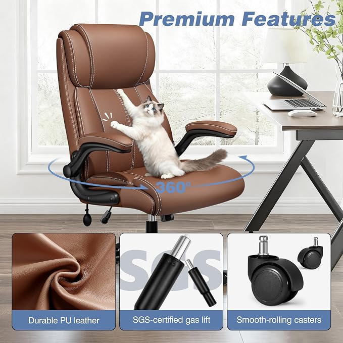 BESTFAIR Ergonomic Office Chair - Desk Computer Chair, Leather High Back Executive Chairs with Adjustable Lumbar Support & Flip Up Arms, Brown 6 Pack