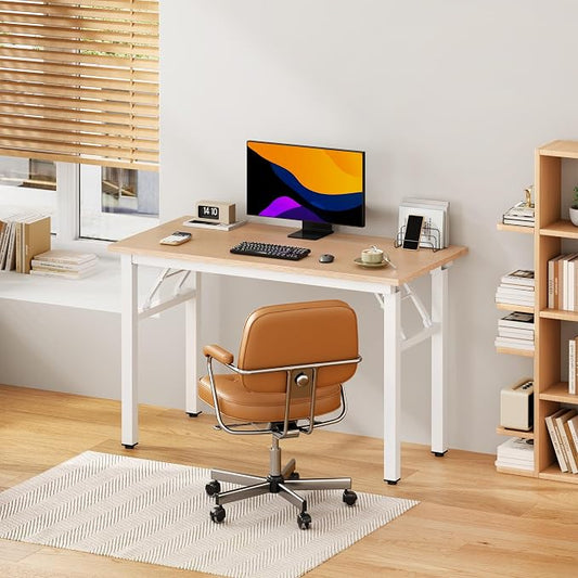DlandHome Computer Desk Folding Table 39.4 inches Writing Desk for Small Space Study Table Laptop Desk No Assembly Required Pink Oak &White Frame