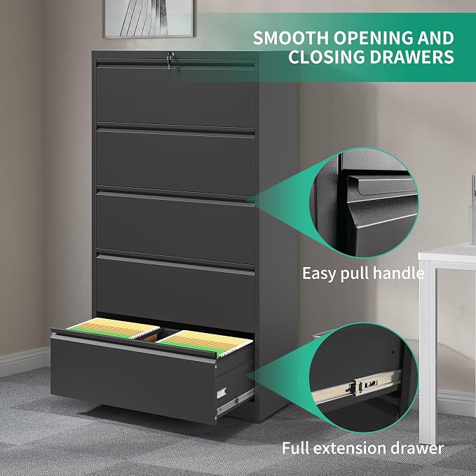 IKIMI 5 Drawer Lateral File Cabinets with Lock,Metal Lateral Filing Cabinet for Home Office,Wide Steel Storage Cabinet Commercial Drawer for Legal/Letter/A4 Size Files Assembly Required