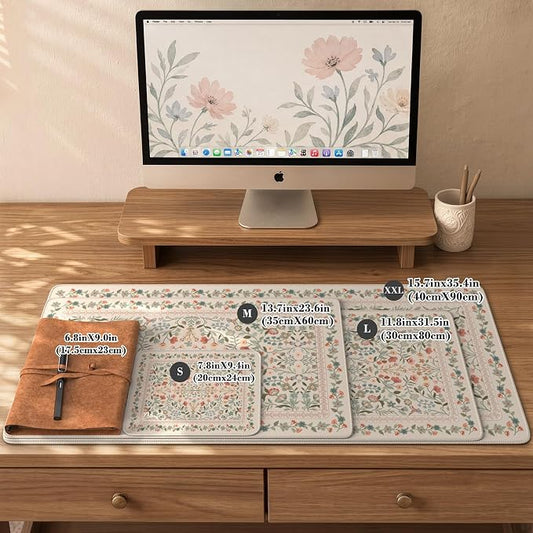 iCasso Aesthetic Flower Mouse pad for Laptop, Desk Pad Mat, Desk Matt for Desktop 13.7"x23.6", Anti-Slip Mousepad with Stitched Edges for Laptop Computer Keyboard(Beige)