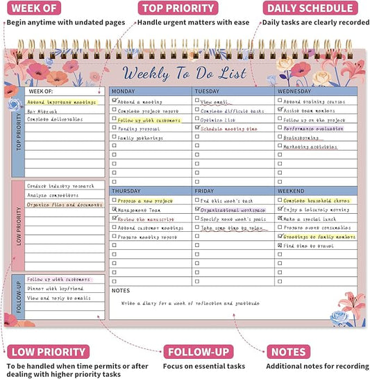 104 Pgs Weekly To Do List Notepad, 52 Duplex-Printed Undated Sheets 100 GSM(8.5"×11") Weekly Desk Planner For Work Home School Office Desk Accessories Supplies & Goal Setting Tasks -Pink Floral