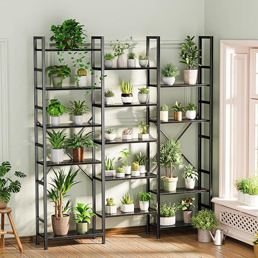 SUPERJARE Triple Bookshelf, Bookcase with 17 Open Display Shelves, Wide Book Shelf Book Case for Home & Office, 6 Tier, Black, ABC003B