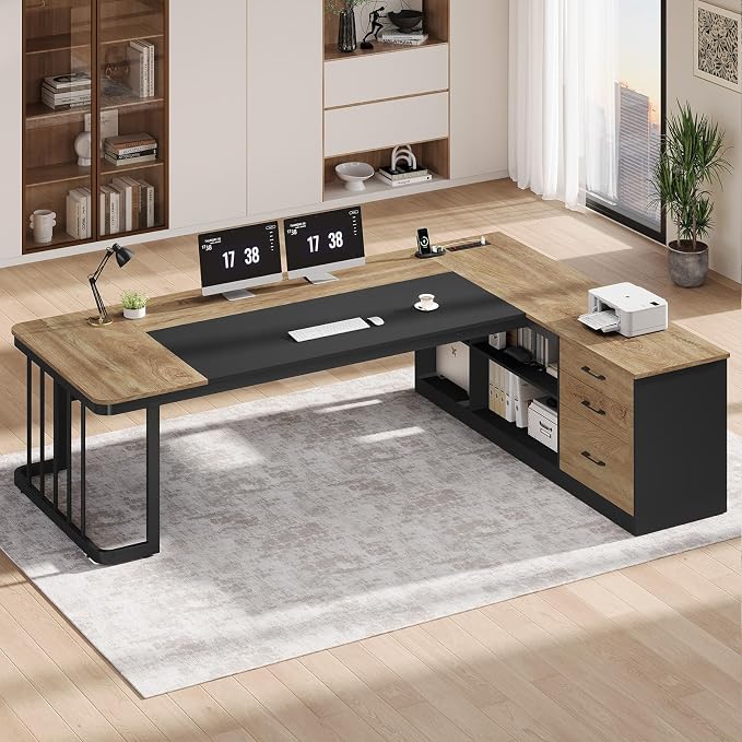 UPOSOJA 78.7" Executive Desk, Large Office Desk with Drawers & Storage Shelves, Modern L Shaped Computer Desk Corner Desk with Power Outlets, File Cabinet, Business Furniture Desk Workstation (Oak)