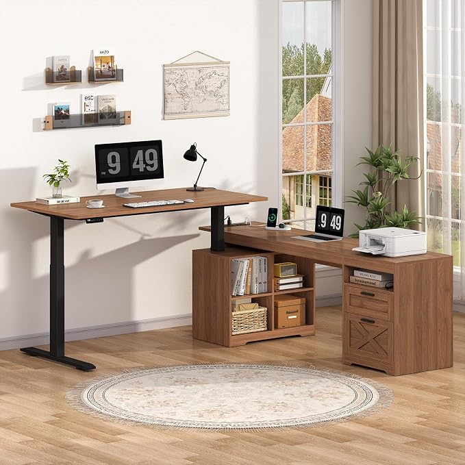 YOMILUVE Farmhouse L Shaped Standing Desk, 66 inch Corner Electric Standing Desk with Drawers & Storage Shelves, Height Adjustable Computer Desk with Power Outlets for Home Office (Brown)