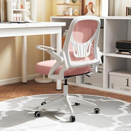 Giantex Mesh Office Chair, Ergonomic Desk Chair with Flip-up Arms & Lumbar Support, Height Adjustable Swivel Computer Desk with High Back for Home Office (Pink)