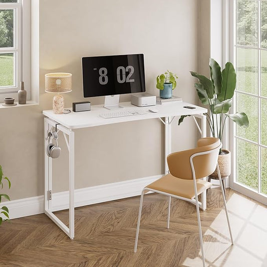 JOYMOOP White Folding Desk - 47.2", No Assembly Large Size Foldable Desk for Home, Office, Wooden Top Folding Computer Desk for Working, Writing, Studying