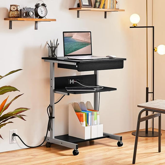 Topeakmart Mobile Laptop Desk Compact Computer Table on Wheels with Power Outlet and USB Ports, Home Office Writing Desk with Charging Station and Printer Shelf Small Desk 22in for Space Saving, Black