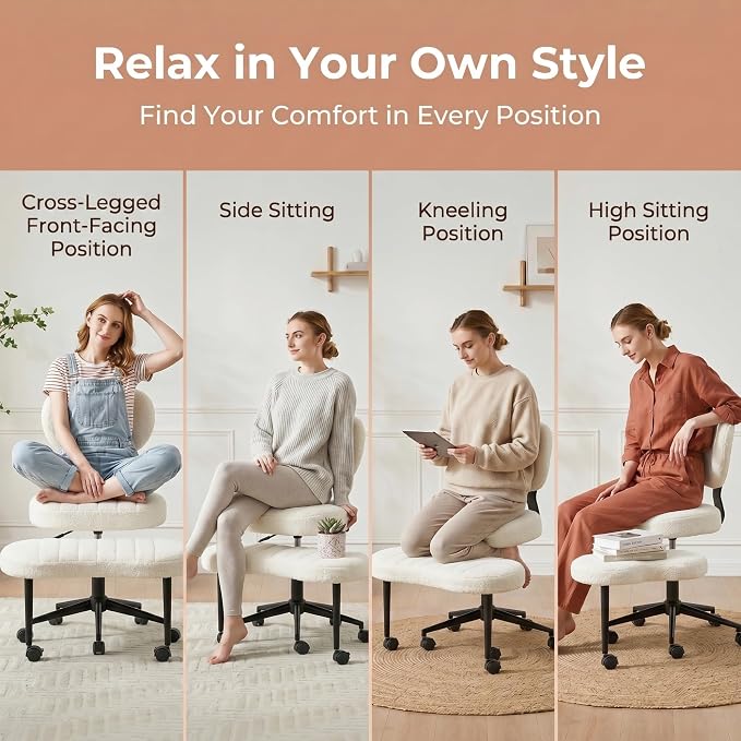 Cross Legged Office Chair with Wheels, 360 Swivel Height-Adjustable Meditation Chair with Lumbar Support, White