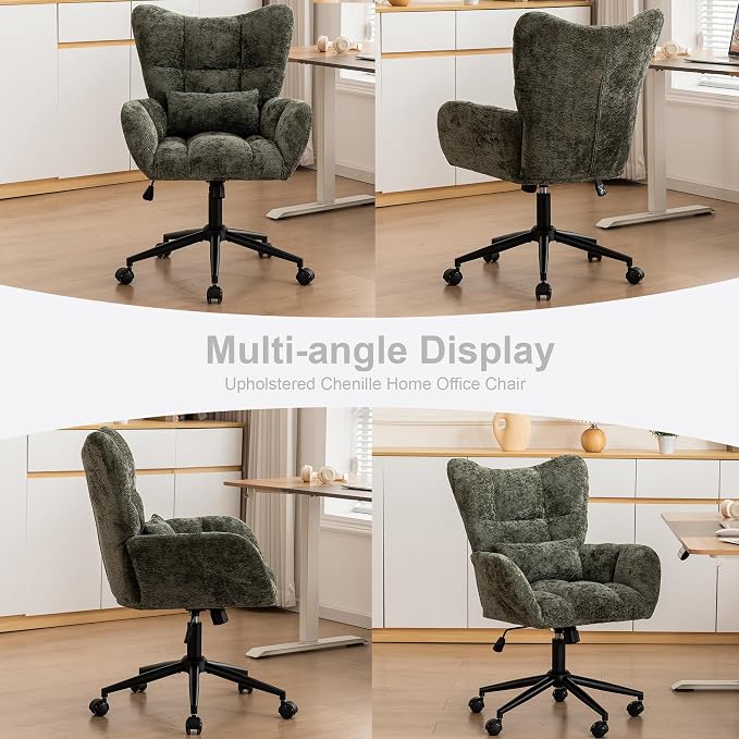 Home Office Desk Chair, Modern Tufted Chenille Vanity Chair, Adjustable Upholstered Swivel Computer Chairs for Bedroom, Living Room,Green