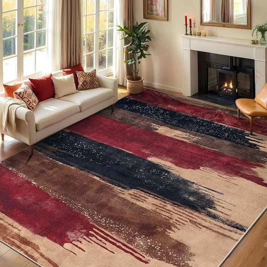 Ciicool Modern Abstract Rug for Living Room, 5'x7' Machine Washable Area Rug Non-Slip Rug, Low-Pile Contemporary Indoor Dining Floor Carpet for Bedroom Office Under Table Home Decor Red Black