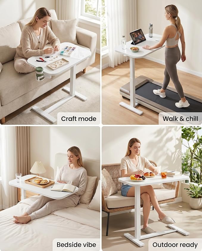 Marsail 32×16″ Overbed Table with Hidden Wheels, Pneumatic Adjustable Bedside Table, Mobile Rolling Table with 360° Hideable Cup Holder, White