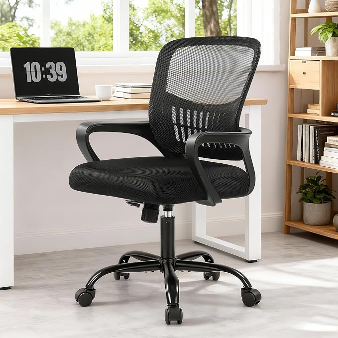 DUMOS Home Office Computer Chair - Ergonomic Mid Back Desk with Lumbar Support and Rocking Mode, Height Adjustable with Fixed Armrest, for Conference Meeting Room, 360° Swivel, Adults, Black