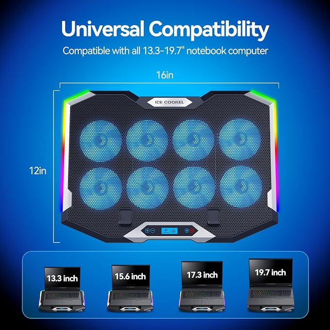 ICE COOREL Gaming Laptop Cooling Pad with 8 Cooling Fans, Laptop Fan Cooler Pad for 15-17.3 Inch, Notebook Cooler Stand with 6 Height Adjustable, RGB Cooling Pad with Two USB Port + Phone Stand