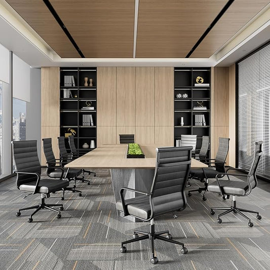 Okeysen Genuine Leather Office Chair, Mid-Century Modern Real Leather Conference Room Chairs, Ergonomic Executive Ribbed Height Adjustable Swivel Rolling Desk Chair for Home Office.