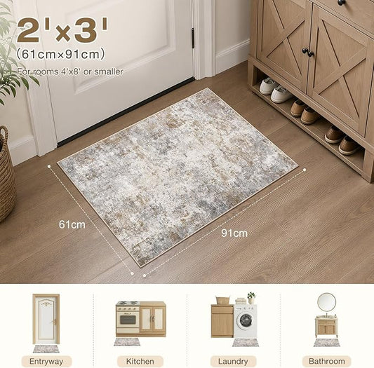 UERMEI 2x3 Entryway Area Rug, Machine Washable Neutral Modern Small Carpet, Non-Slip Low Pile Front Door Mat for Inside House Kitchen and Bathroom, Kid & Pet Safe, Brown Grey