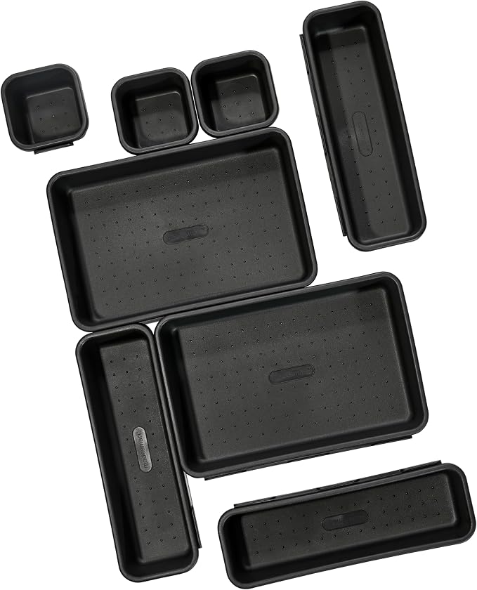 Madesmart 8-Piece Interlocking Bin Pack for Drawer Organization, Plastic Interlocking Junk Drawer Organizer Tray, Granite