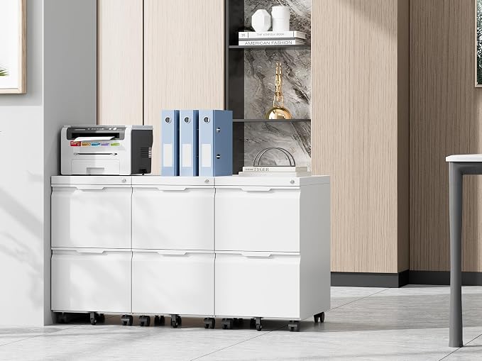 2 Drawer Metal Rolling File Cabinet with Lock, Under Desk Mobile Filing Cabinet for Home Office, Printer Stand with Casters Fits A4/Letter/Legal Size Documents, White
