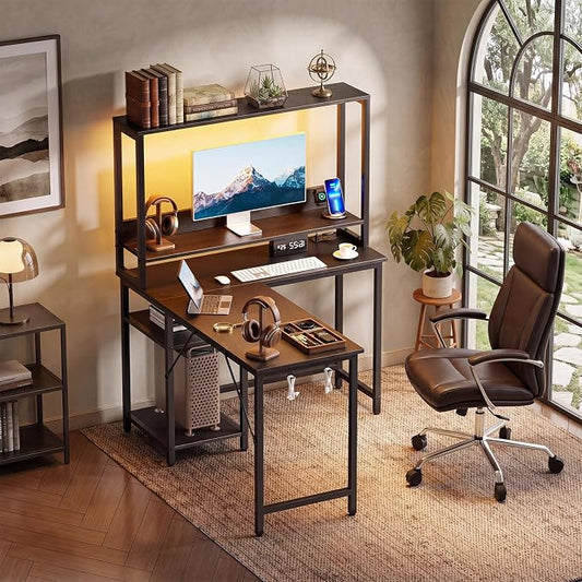 OLIXIS 43 in L Shaped Desk Computer Gaming Desk with Power Outlets & LED Lights, Reversible Corner Home Office Table with Adjustable Shelf & CPU Stand, Black