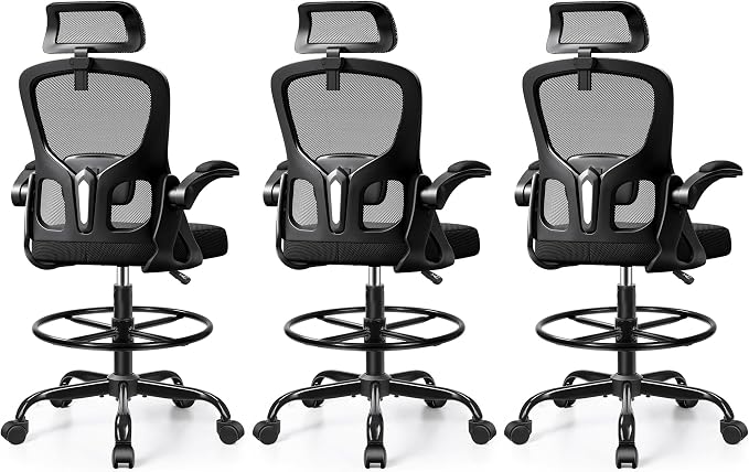 Drafting Chair, Tall Office Chair for Standing Desk, Ergonomic High Back with Headrest, Lumbar Support, Foot Ring and Flip-up Armrests, Black, Pack of 3