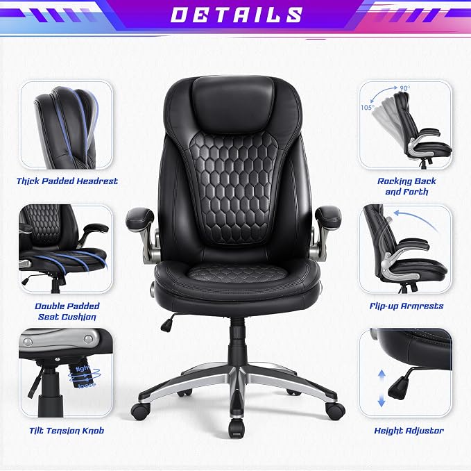 Ergonomic Executive Office Chair, High Back Leather Desk Chair with Flip-up Arms and Adjustable Height, Swivel Rolling Computer Chair with Heavy Duty Metal Base,300lbs,Black for Home Office or Study