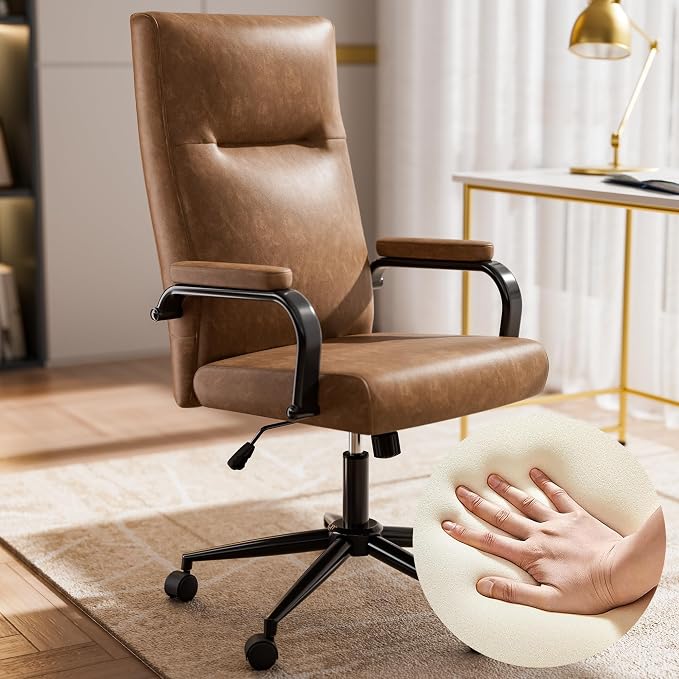 GXJ Brown Office Chair with Memory Foam Seat | 4.9'' Memory Foam Seat and 4.7'' Comfortable Backrest, High Back Leather Executive Chair with Wheels and Arms for Women
