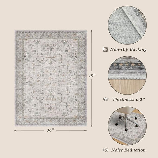 Light Gray 3x4 Office Chair Mat for Hard Wood & Tile Floor, Boho Low Pile Carpet Floor Protector for Rolling Chair, Machine Washable Under Desk Rug, Non Slip Rubber Backing