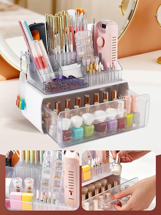 LIARTY Nail Drill Holder with Drawer - Makeup Organizer Case for Brush | Acrylic Nail Drill Bits Holder Beauty Cosmetic Storage Box for Dresser Countertop and Bathroom Vanity