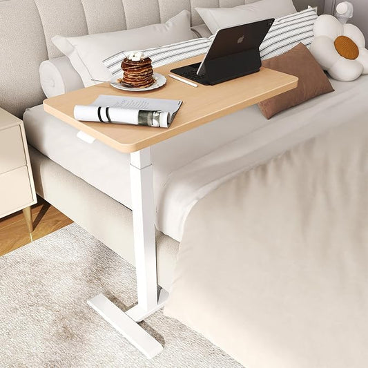 ROMOON Over Bed Bedside Table with Wheels, Rolling Height Adjustable Overbed Desk, Mobile Laptop Cart with Sturdy Frame for Hospital, Home and Small Spaces (27.6" W x 15.7" D, Natural Oak)