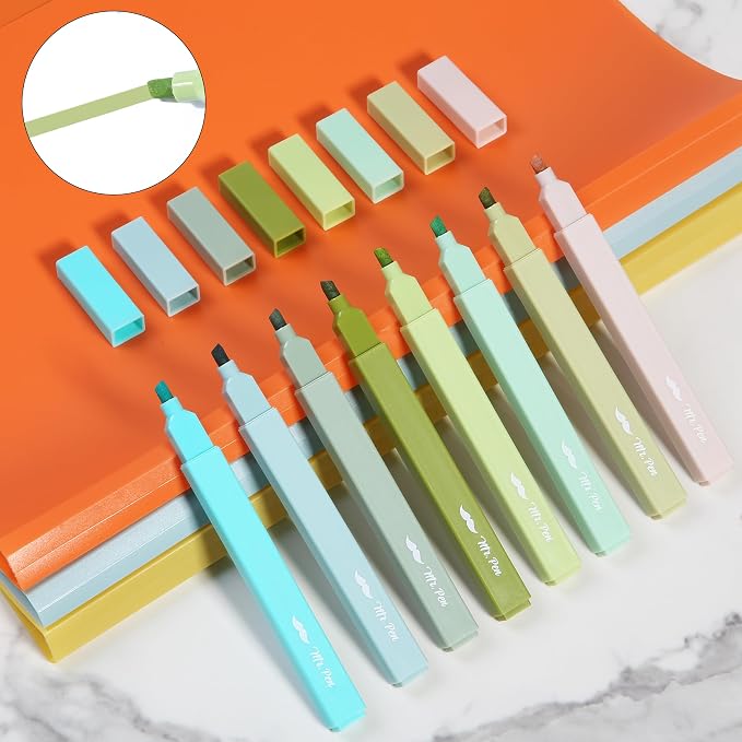 Mr. Pen- Aesthetic Highlighters No Bleed, 8 Pack, Shades of Green | Chisel Tip, Cute Highlighters Assorted Colors for Journaling, Highlighting, Underlining, Fast Dry, Back to School Supplies