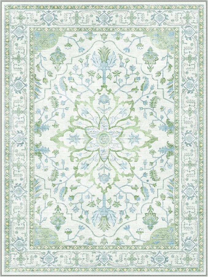 RELEANY Area Rugs Runner 2'x5' Washable Non-Slip, Floral Vintage Distress Medallion Carpet for Kitchen Hallway Bedroom Beside Laundry Room Bathroom, Green White Blue